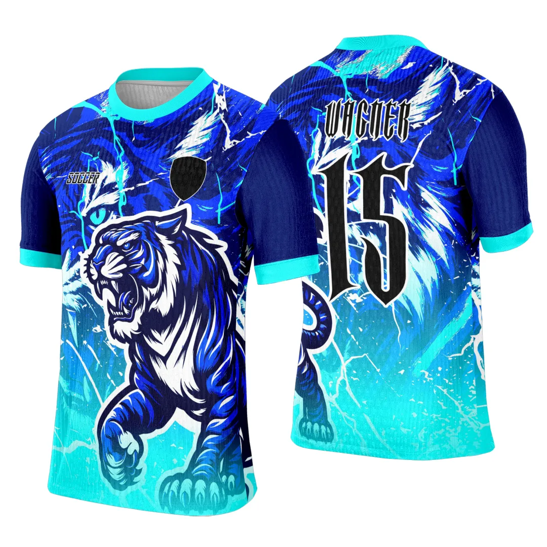 Camiseta unissex preta com logo no peito e estampa grande nas costas de tigre azul, perfeita para quem busca estilo e identidade no Interclasse Tigre Azul.