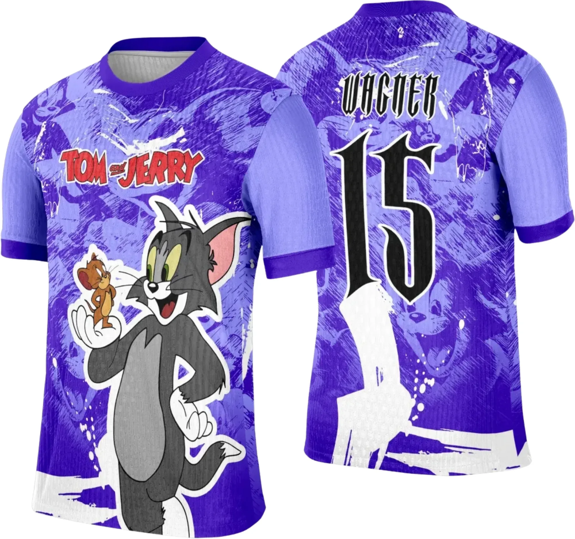 Camiseta unissex preta com logo no peito e estampa grande nas costas, inspirada em Tom e Jerry, ideal para eventos interclasse e dia a dia descontraído.