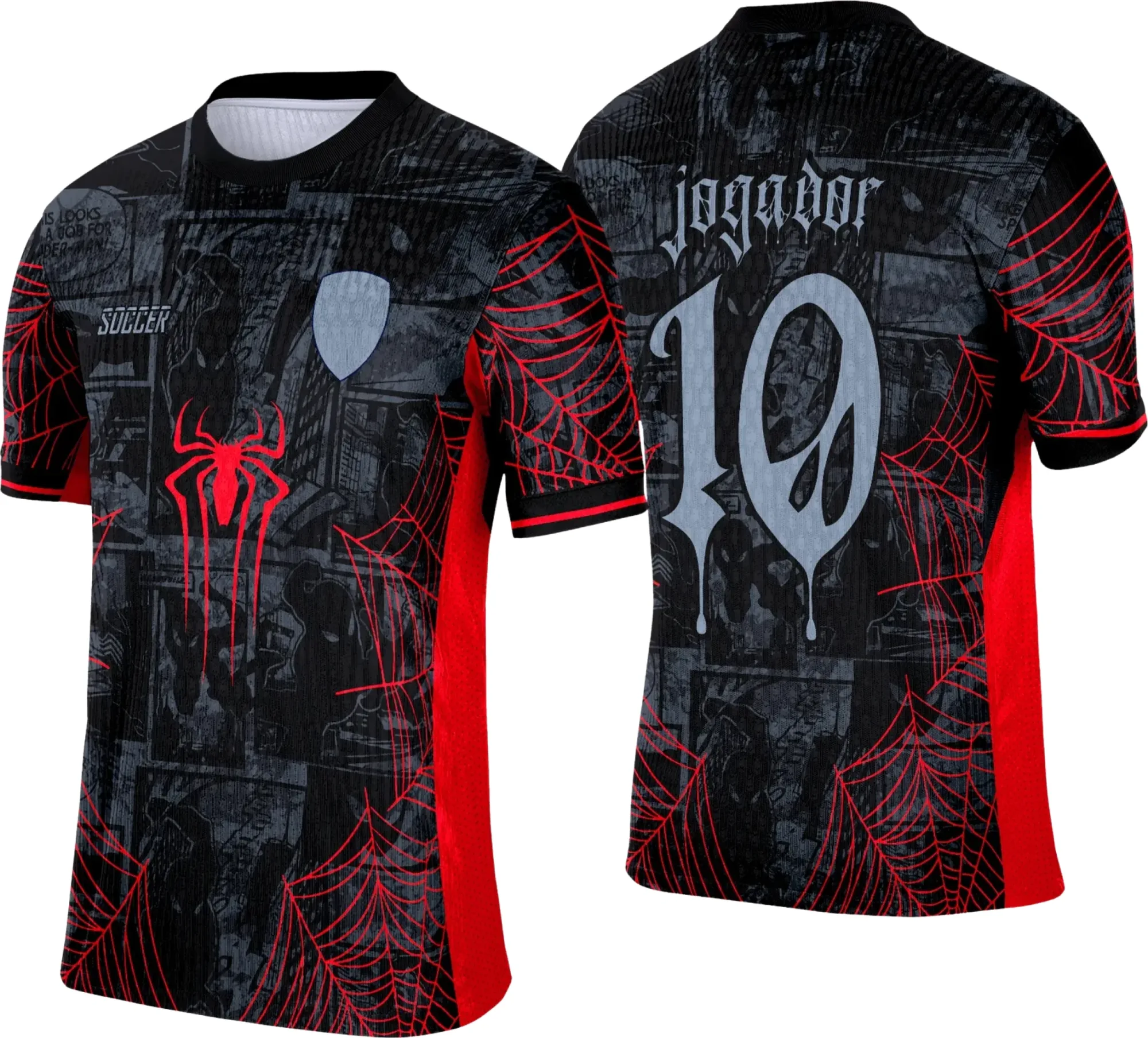 Camiseta unissex preta com logo no peito e estampa grande nas costas do Homem Aranha em vermelho, destacando estilo e conforto para fãs do universo do herói.