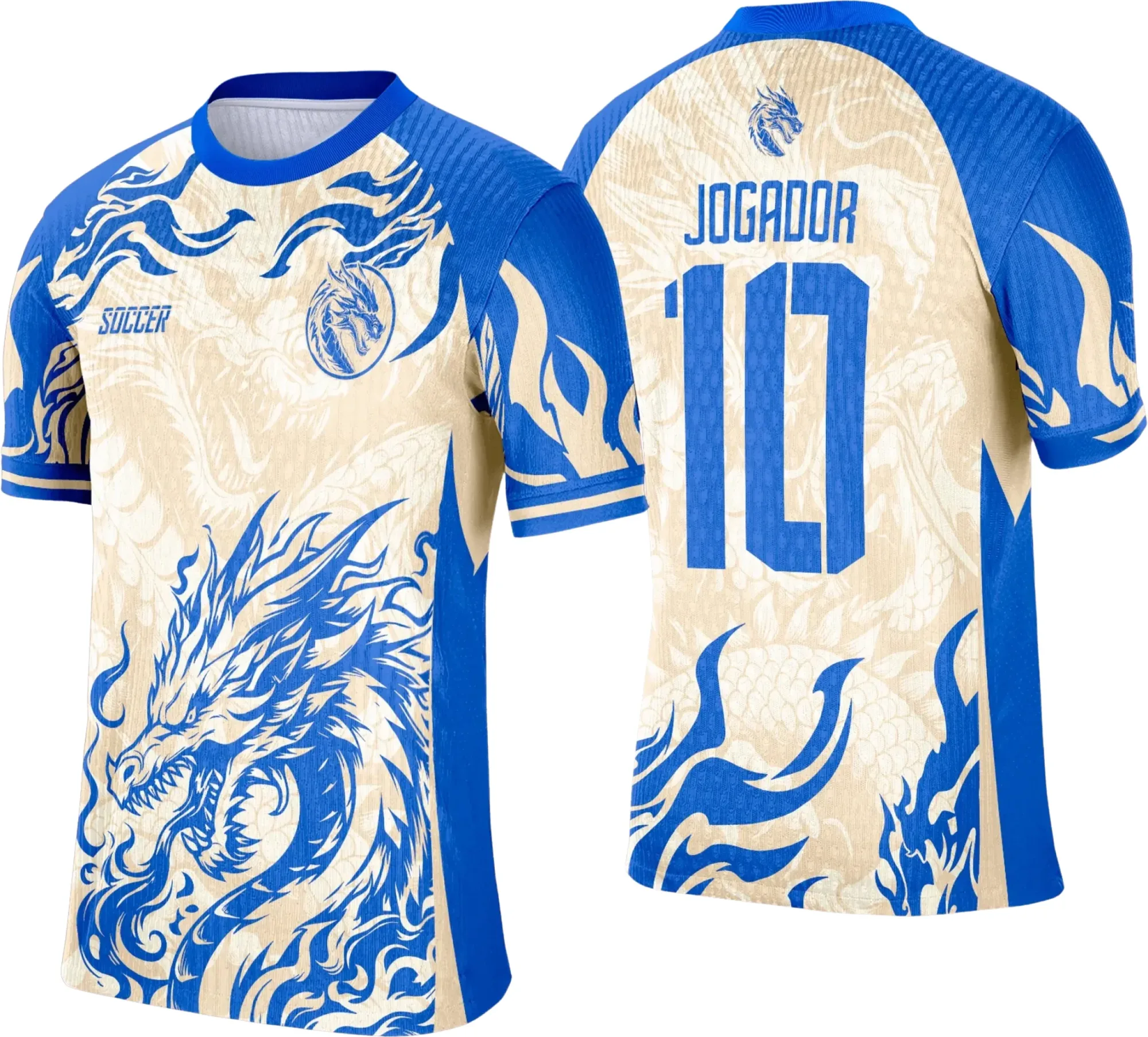 Camiseta unissex preta com logo no peito e estampa grande nas costas de dragão azul com bege, referência interclasse 2025, estilo moderno e vibrante.