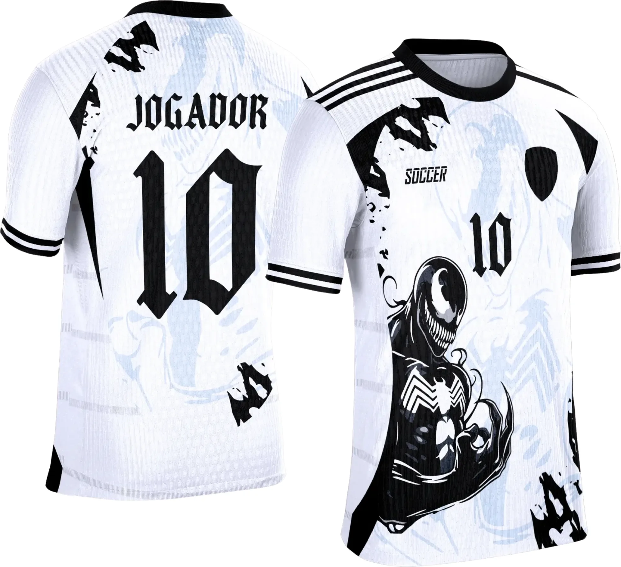 Camiseta unissex branca com logo no peito e grande estampa nas costas, temática Interclasse Venom em preto, estilo moderno para uso casual ou evento escolar.