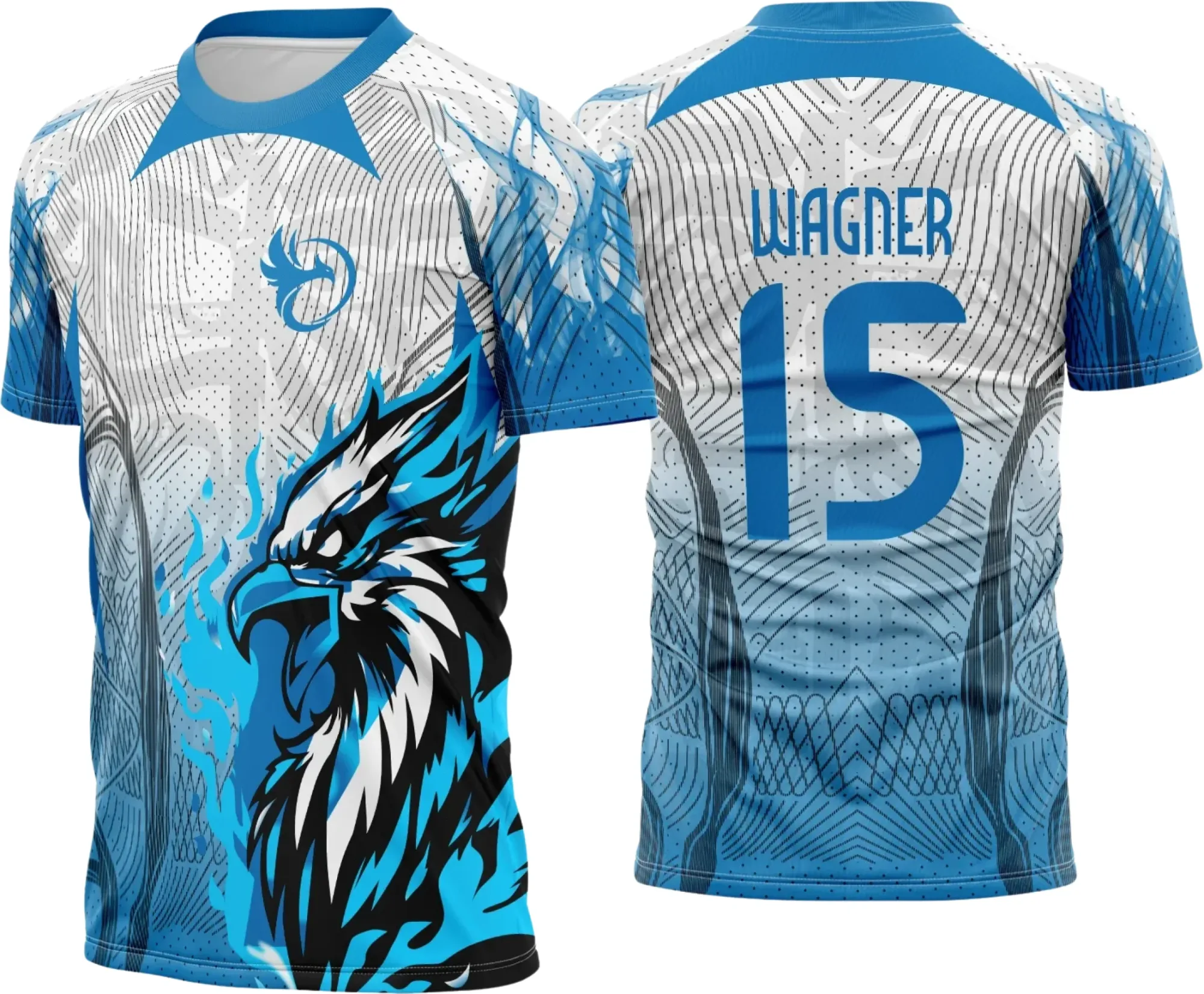 Camiseta unissex preta com logo no peito e estampa grande nas costas da Águia Azul com chamas vibrantes, tema Interclasse 2025, ideal para destacar seu estilo e identidade.