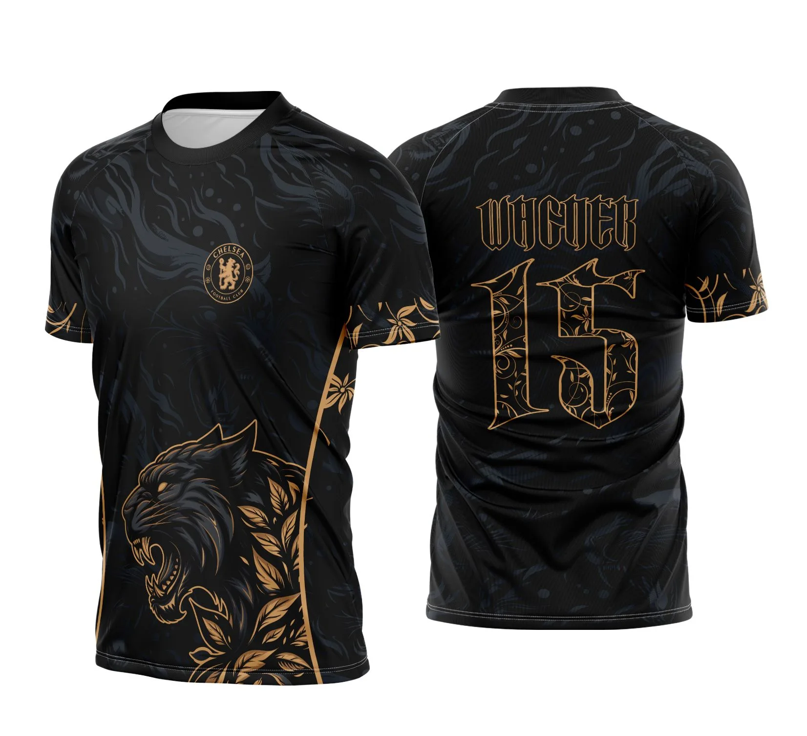 Camiseta unissex preta com logo no peito e estampa grande nas costas mostrando Pantera Negra com floral dourado, design impactante e moderno para estilo jovem e despojado.