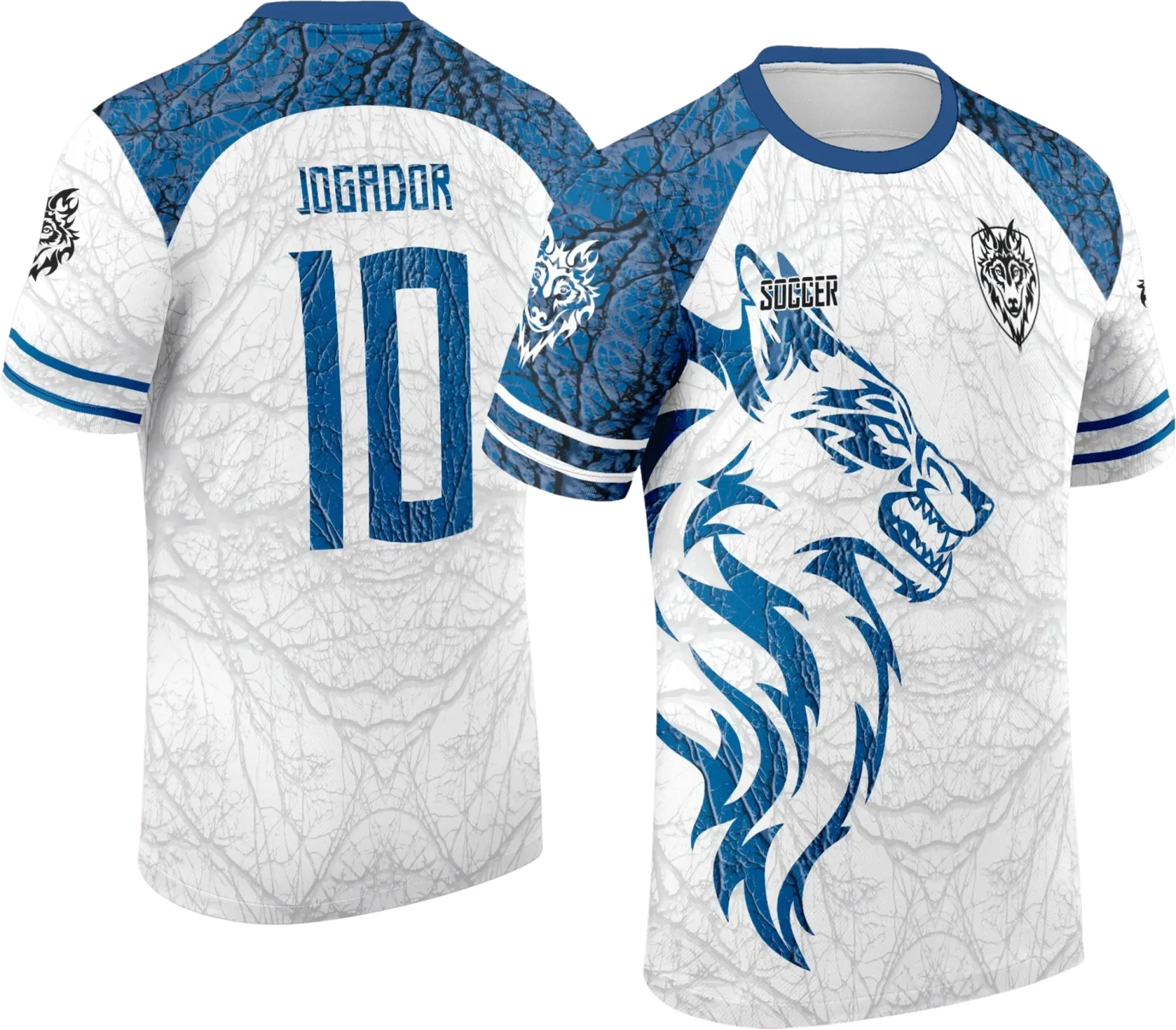 Camiseta unissex preta com logo no peito e estampa grande nas costas com tema Lobo Azul com Branco 2025, visual moderno e ousado perfeita para eventos interclasse.