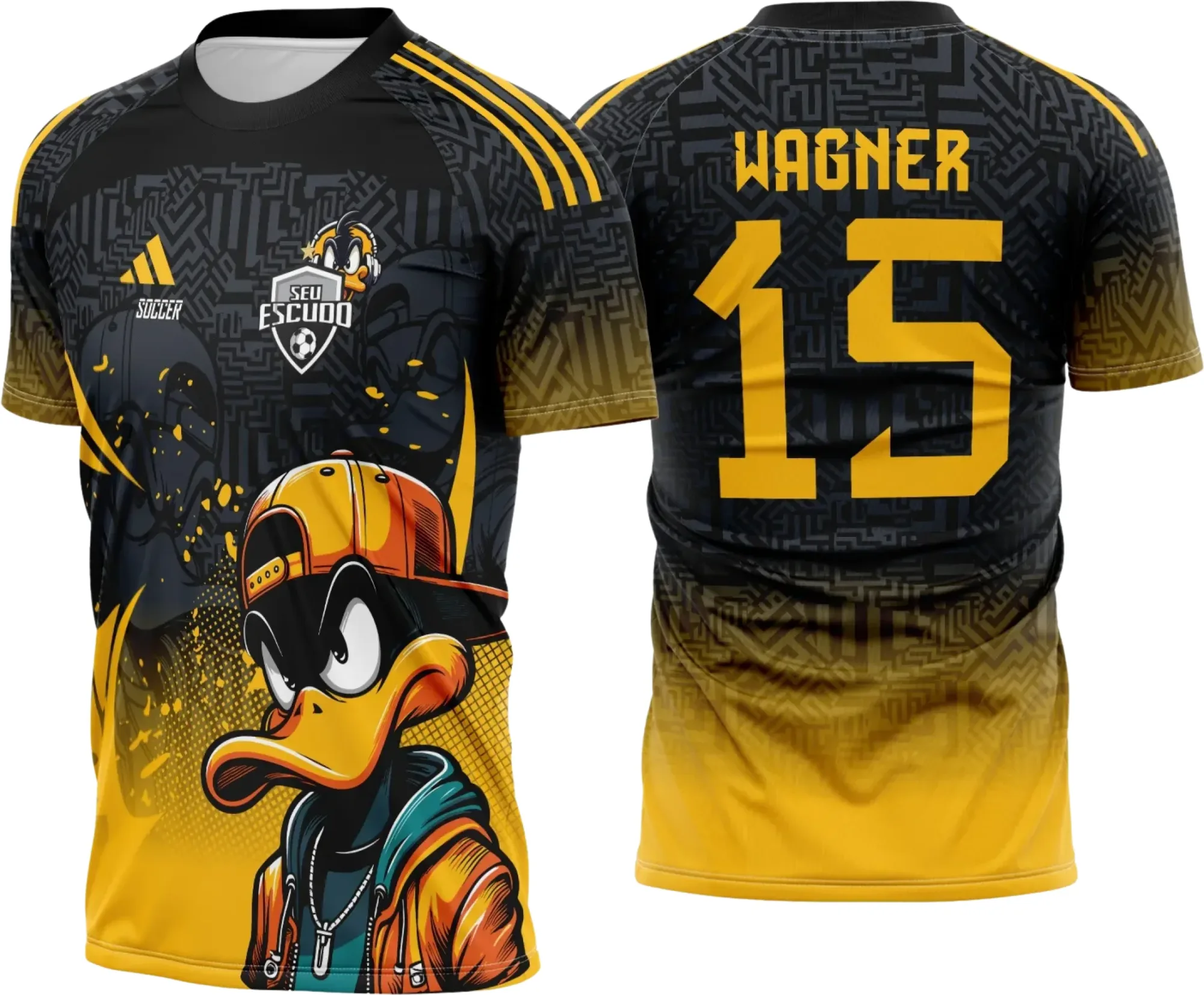 Camiseta unissex branca com logo no peito e estampa grande nas costas do Interclasse Patolino - Pato Donald 2025, perfeita para eventos escolares e festas com tema divertido e animado.