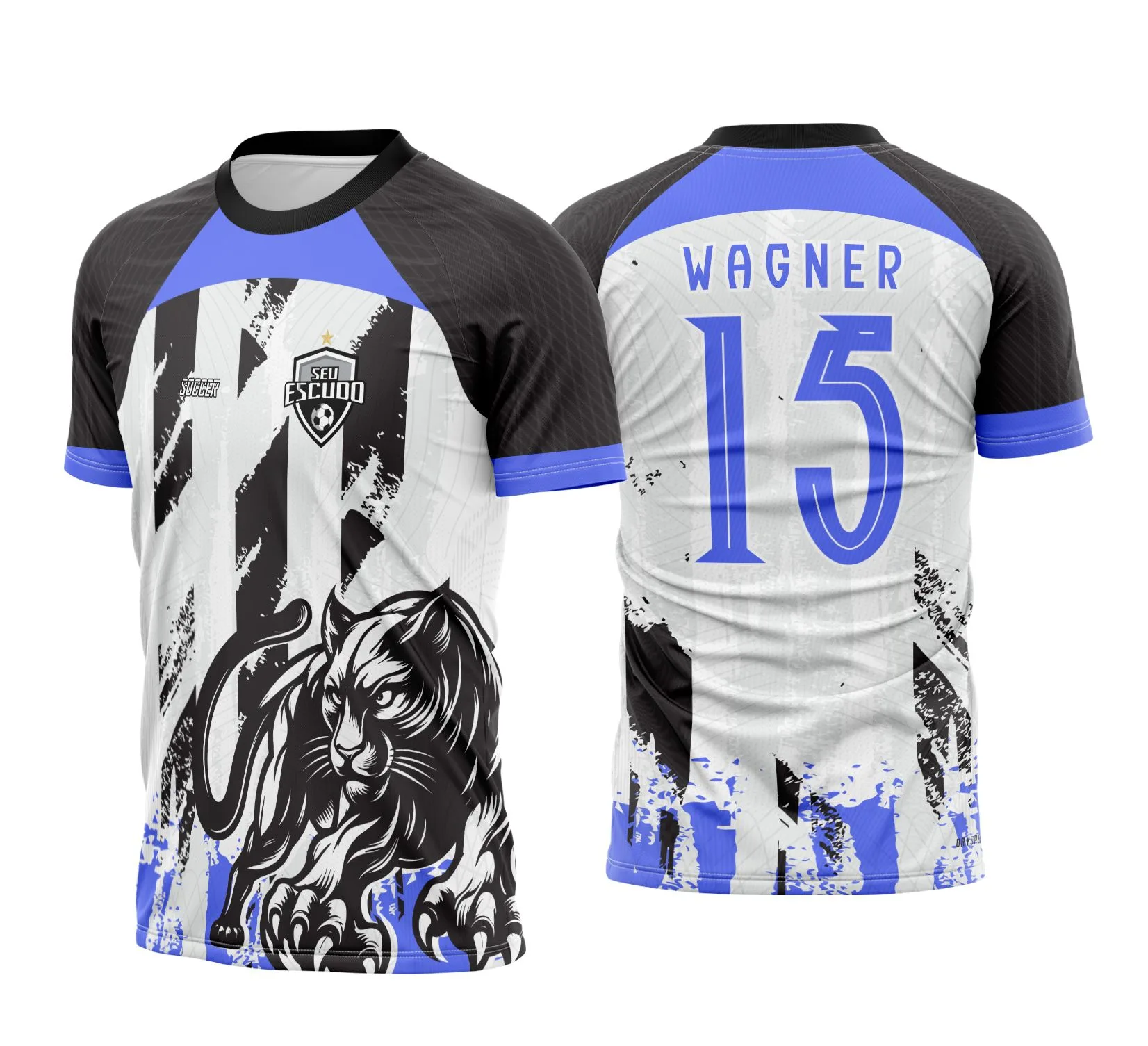 Camiseta unissex preta com logo no peito e estampa grande nas costas com tema Pantera Negra em tom roxo, design moderno e vibrante para o Interclasse 2025.