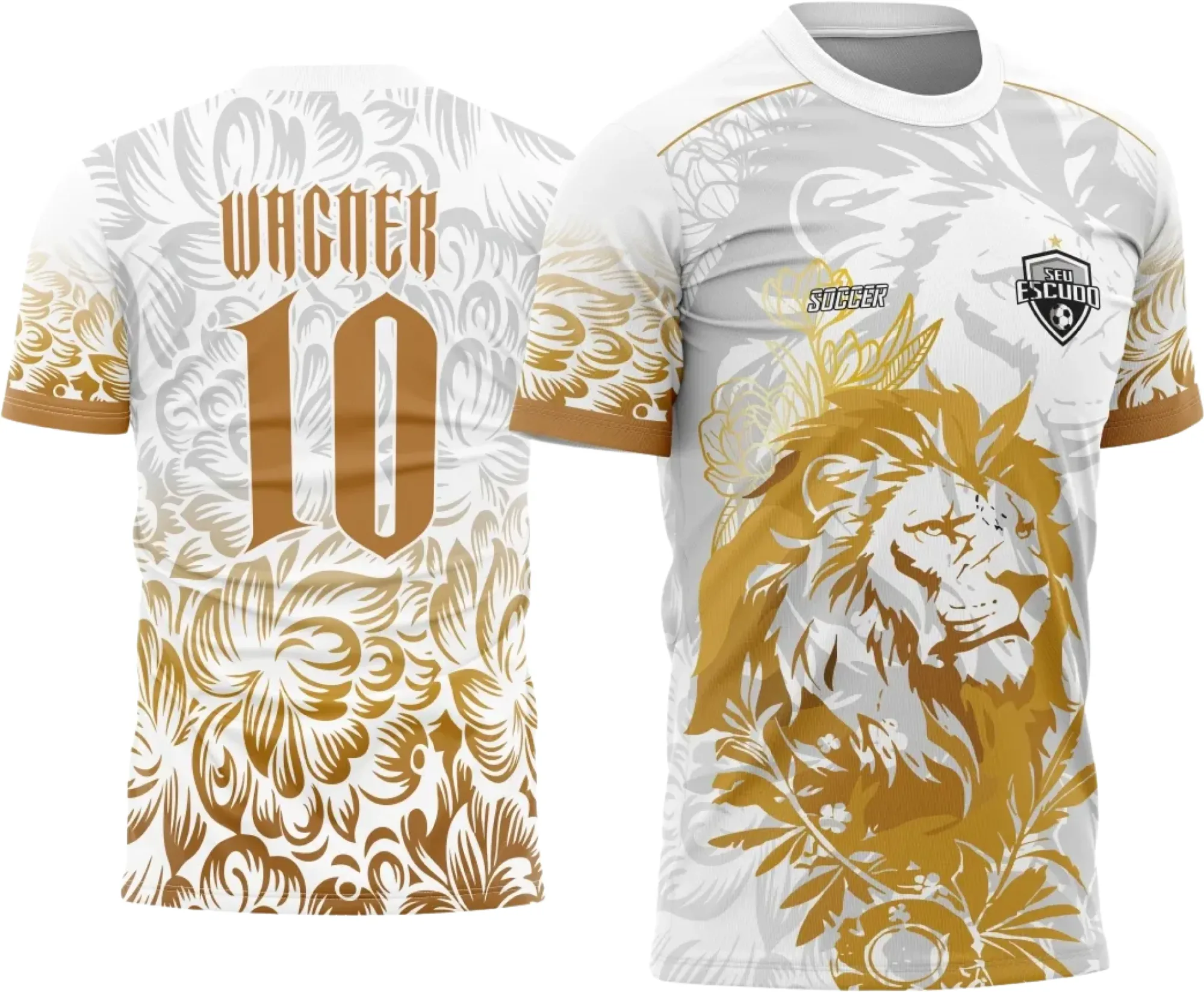 Camiseta unissex branca com logo no peito e estampa grande nas costas com tema Interclasse Leão Dourado com Branco 2025, estilo marcante e visual vibrante para todos os fãs do evento.