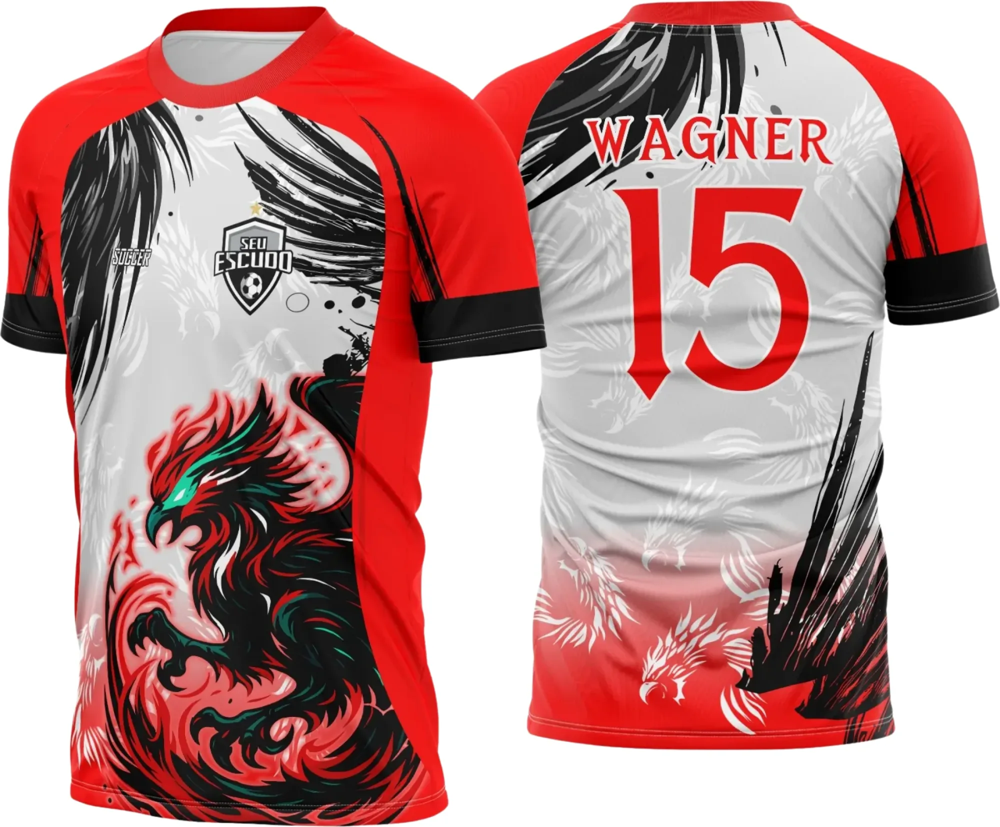 Camiseta unissex preta com logo no peito e estampa grande nas costas mostrando uma poderosa Fênix vermelha com garras, design moderno para eventos interclasses 2025.