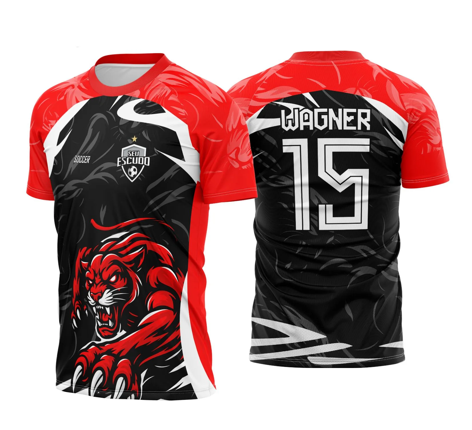 Camiseta unissex preta com logo no peito e estampa grande nas costas, mostrando uma Pantera Vermelha com garras destacadas, tema Interclasse Bonita 2025.