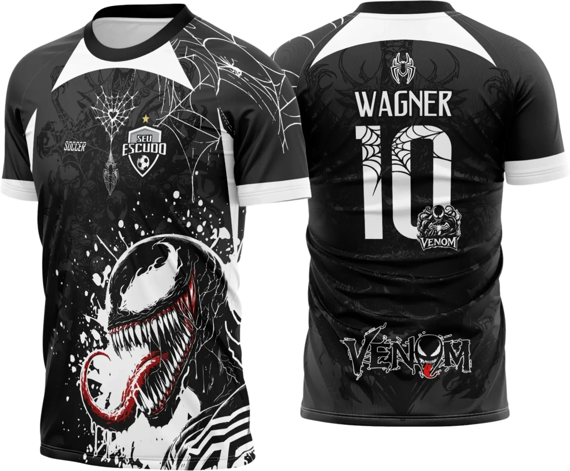 Camiseta unissex preta com logo no peito e estampa grande nas costas com tema Venom Tinta 2025, perfeita para eventos interclasse.
