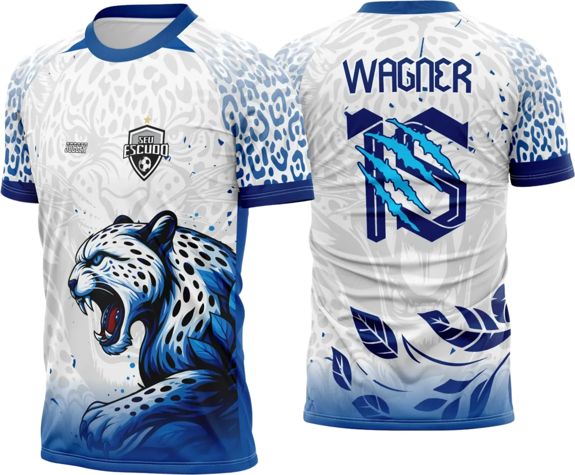 Camiseta unissex preta com logo no peito e estampa grande nas costas, tema Onça Branca com Azul inspirada no Interclasse 2025, visual moderno e vibrante.