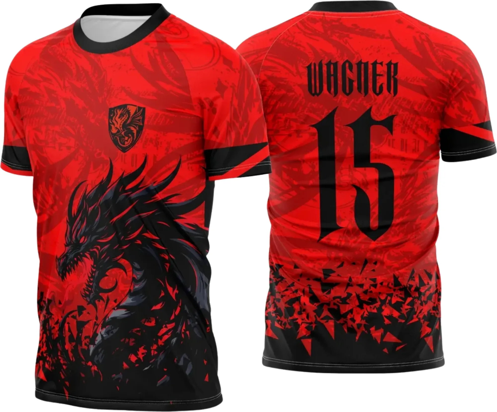 Camiseta unissex preta com logo no peito e estampa grande nas costas de dragão vermelho em chamas, tema fogo negro, perfeita para eventos interclasses em 2025.