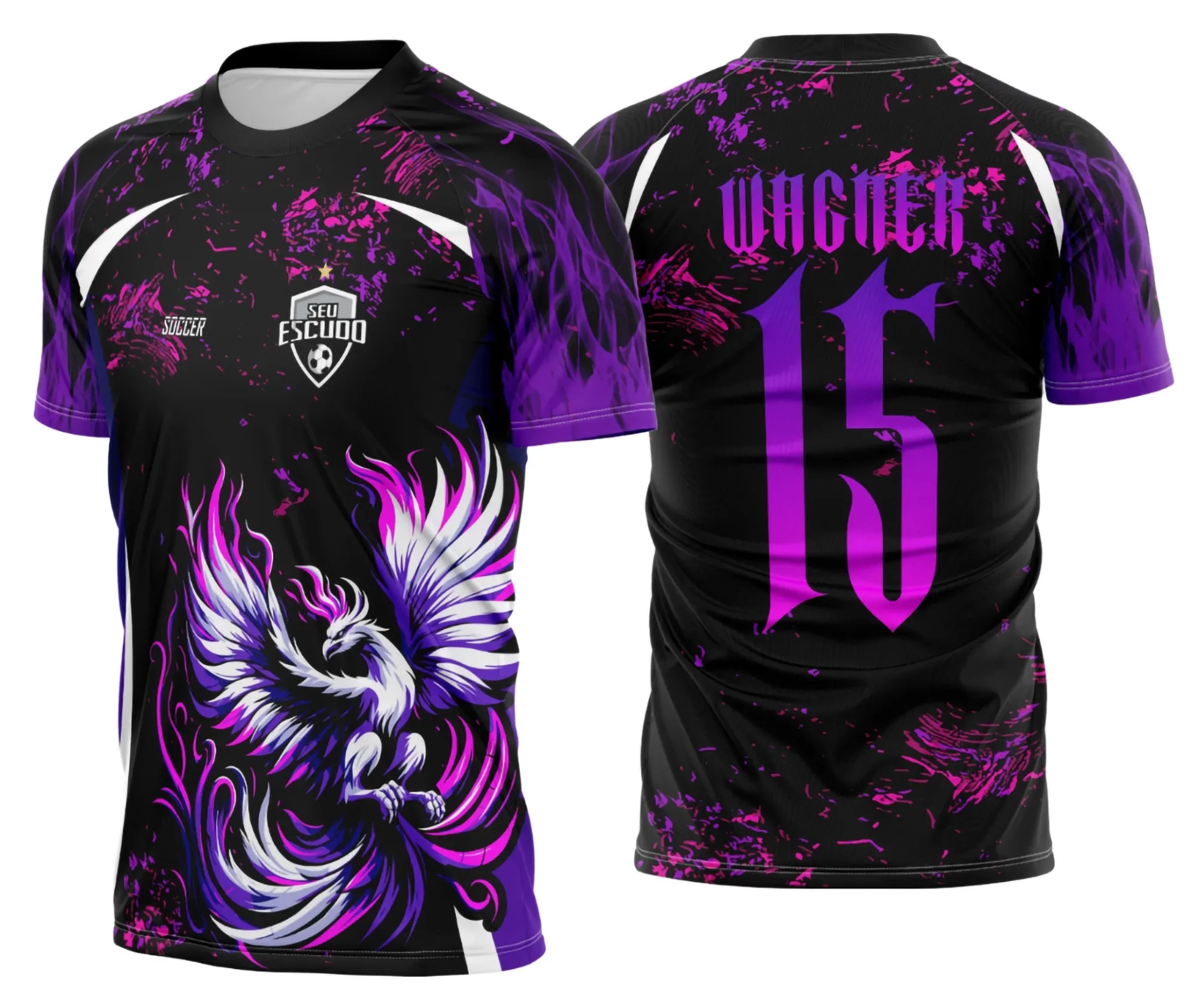 Camiseta unissex com cor base preta, logo no peito discreto e estampa grande nas costas apresentando uma fênix roxa com asas brancas, destacando o tema Interclasse 2025 em estilo moderno e vibrante.