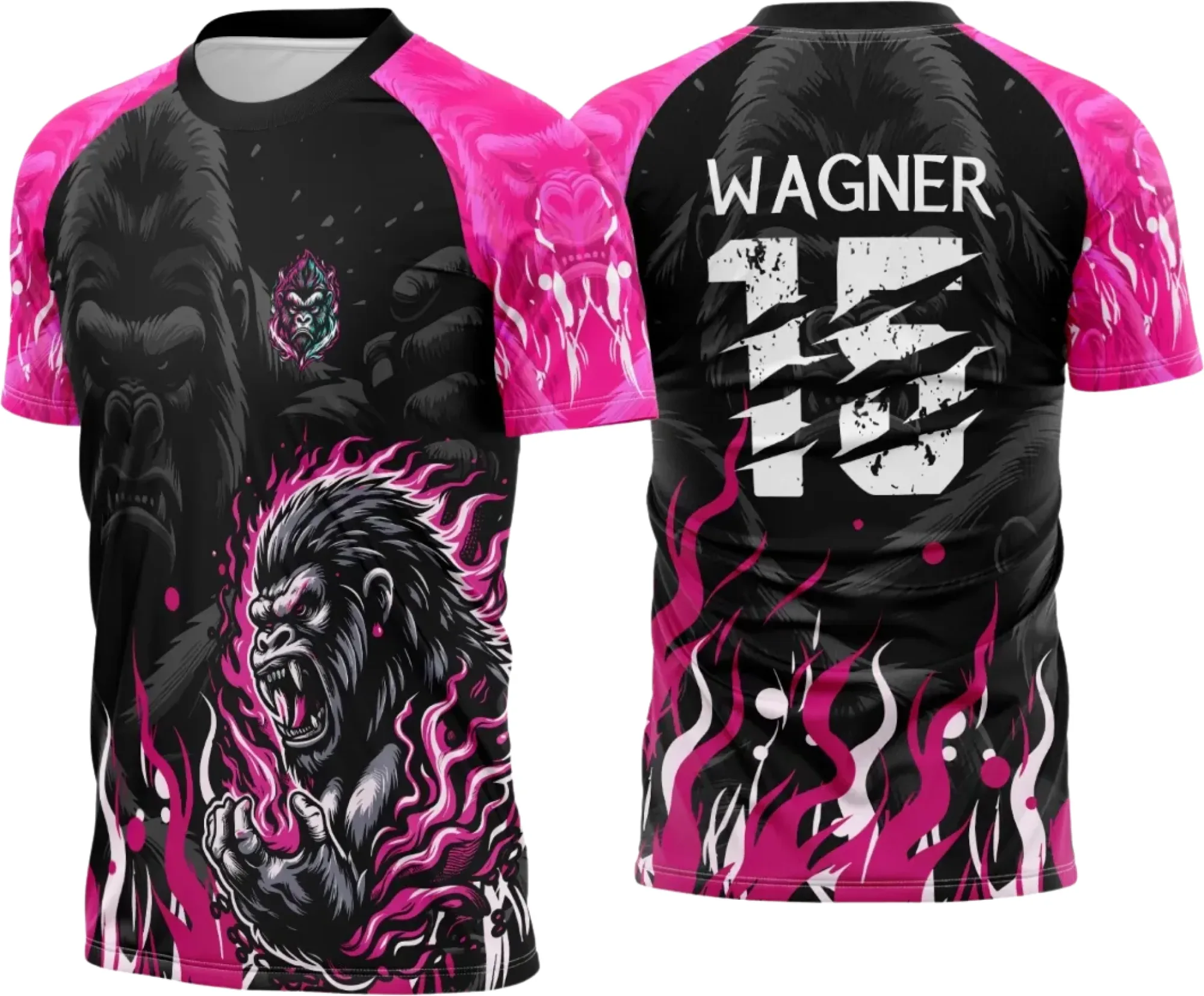 Camiseta unissex preta com logo no peito e estampa grande nas costas mostrando gorila rosa do Interclasse 2025, perfeita para eventos e estilo casual moderno.