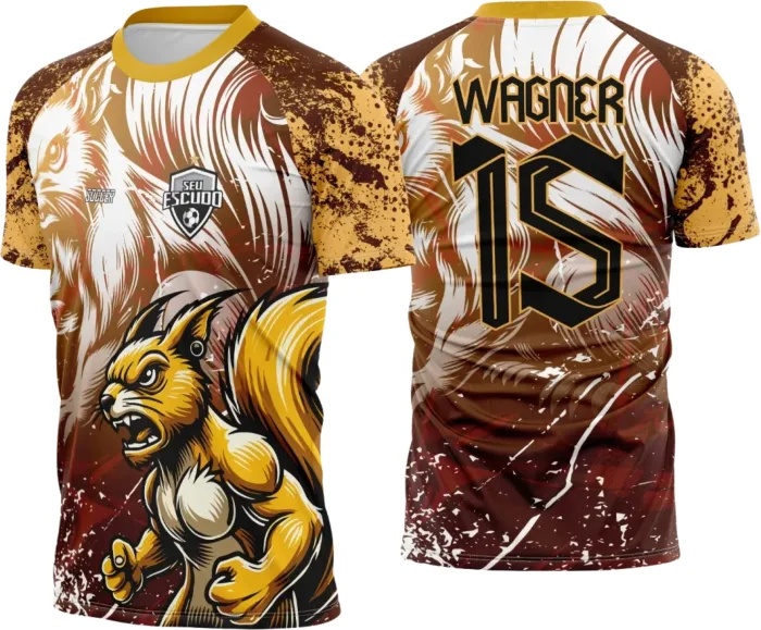 Camiseta unissex branca com logo no peito e estampa grande nas costas mostrando o tema Interclasse Esquilo Amigo 2025, perfeita para eventos escolares e confraternizações.