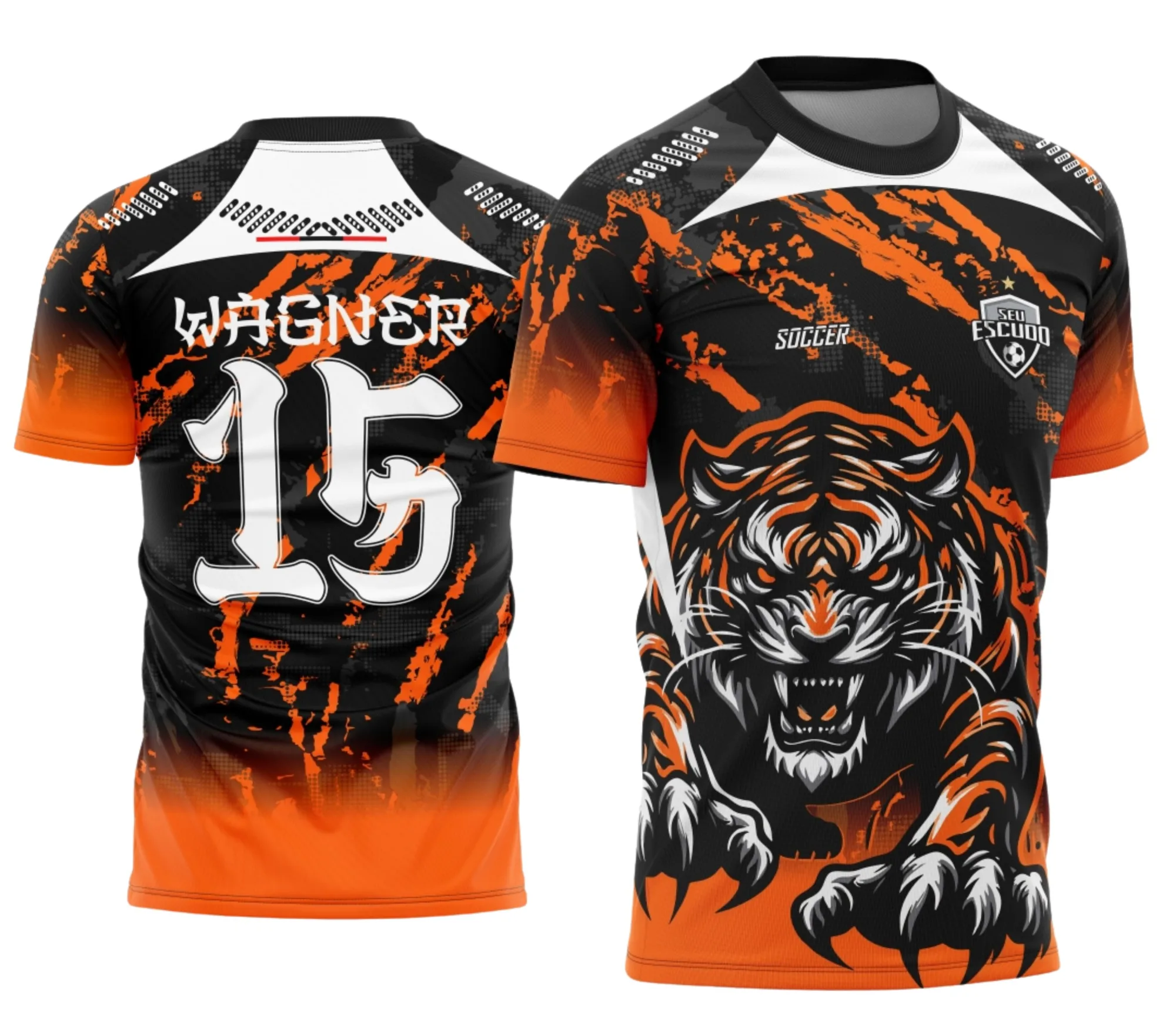 Camiseta unissex branca com logo no peito e estampa grande nas costas, tema Interclasse Tigre Laranja 2025, visual marcante e design moderno para fãs e participantes.