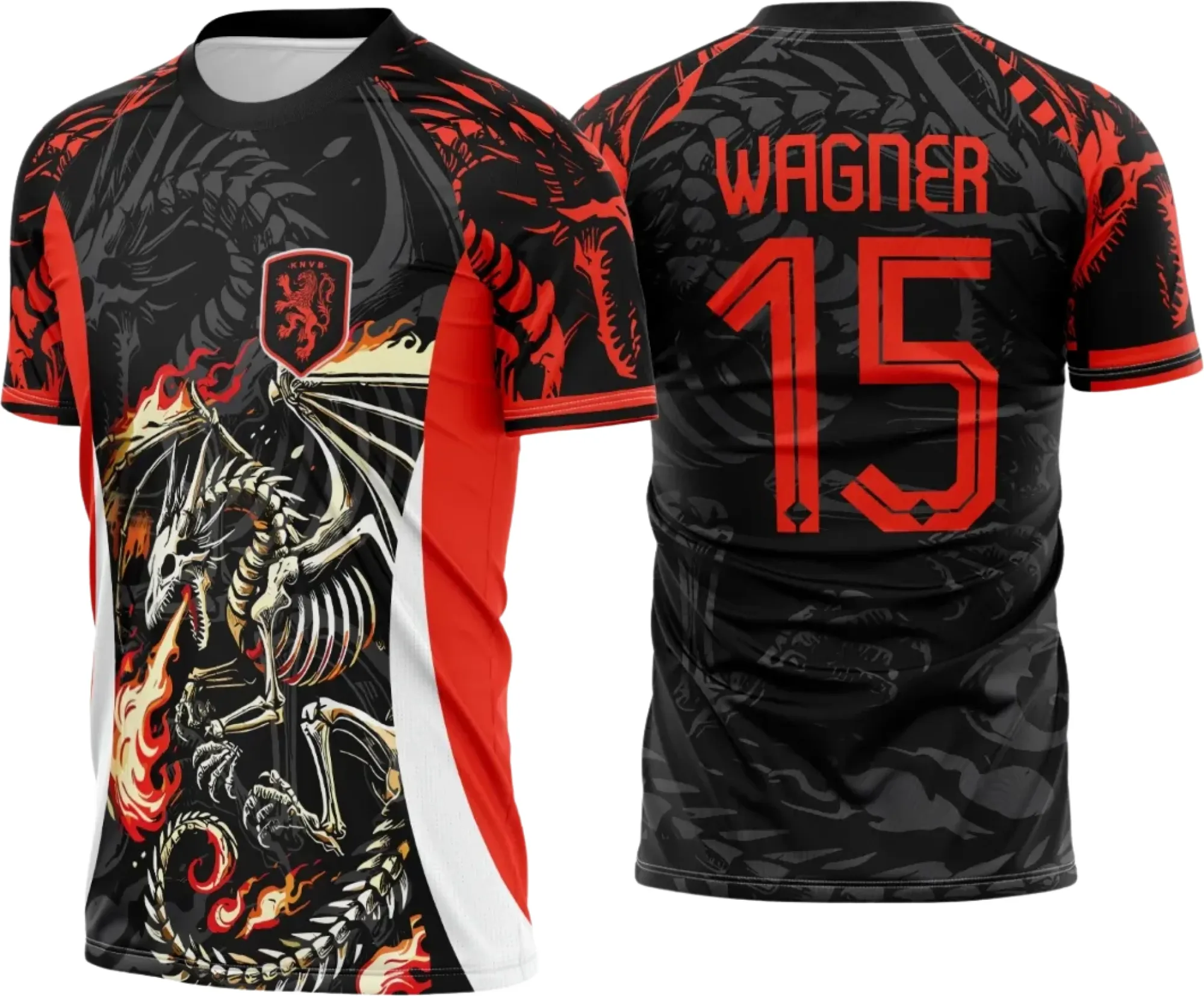 Camiseta unissex preta com logo no peito e estampa grande nas costas mostrando Dragão de Fogo 2025, design marcante para camisa temática interclasse.