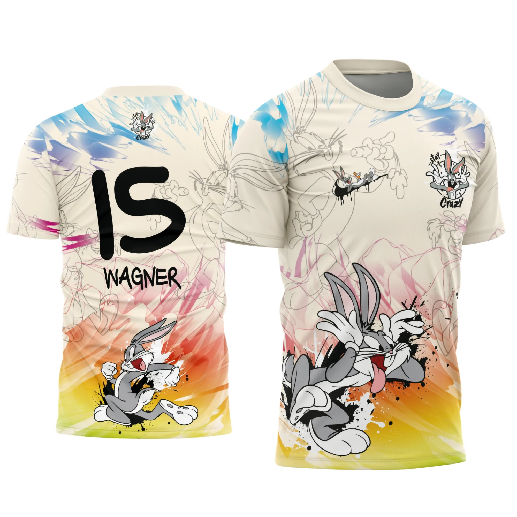 Camiseta unissex branca com logo no peito e estampa grande nas costas do Interclasse Pernalonga 2025 em cores vibrantes, ideal para eventos escolares e esportivos.