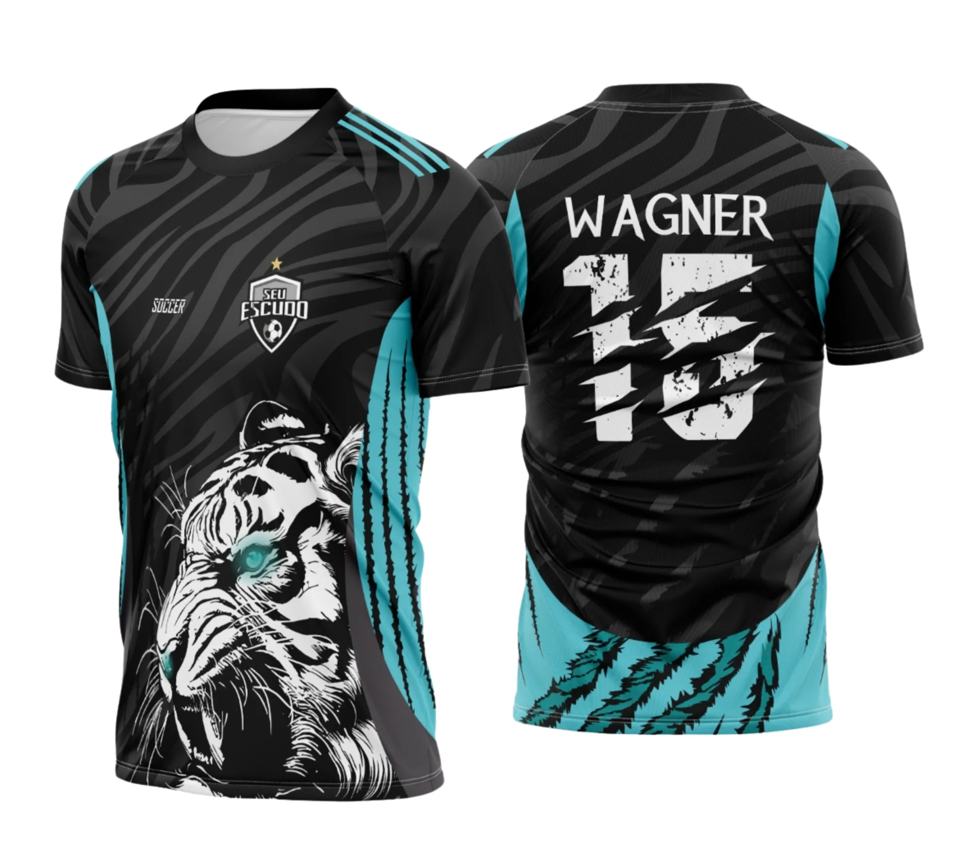 Camiseta unissex preta com logo no peito e estampa grande nas costas exibindo o Tigre Verde 2025 em estilo interclasse vibrante e moderno