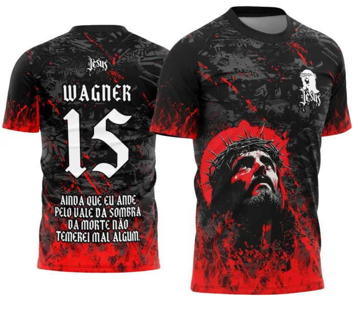 Camiseta unissex preta com logo no peito e estampa grande nas costas com tema Jesus Cristo Red 2026, ideal para eventos interclasse.