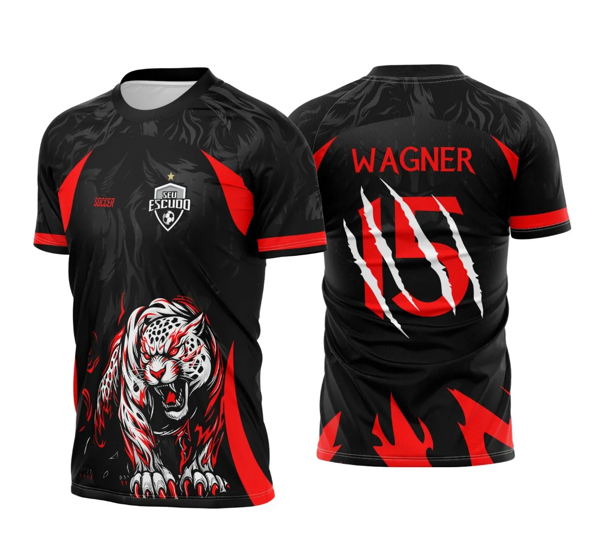 Camiseta unissex preta com logo no peito e estampa grande nas costas mostrando tema Interclasse Onça Pantera Branca e Vermelha 2025, estilo moderno e vibrante.