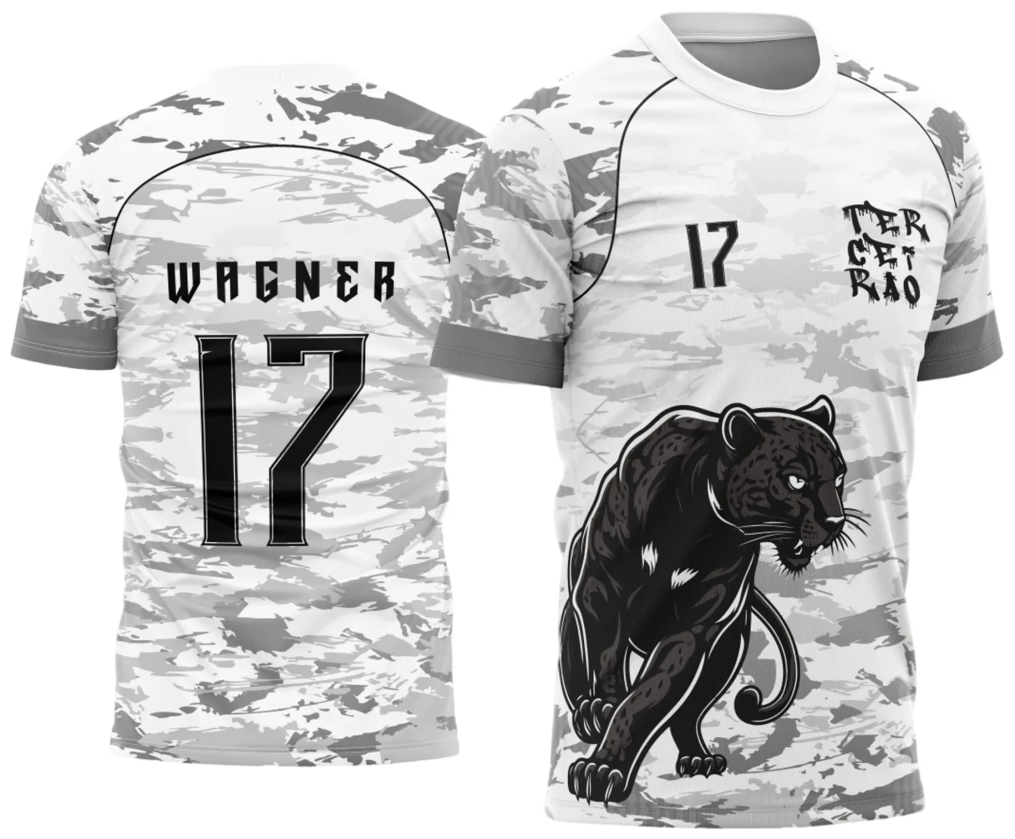 Camiseta preta unissex com logo no peito e estampa grande nas costas temática Pantera Negra camuflagem, modelo 2, estilo moderno e marcante para uso casual e eventos.