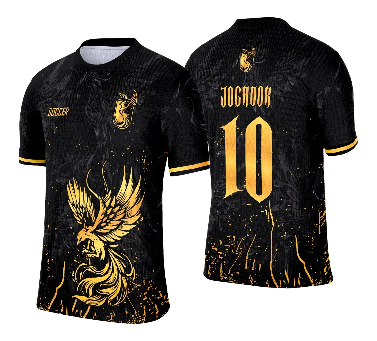 Camiseta unissex preta com logo no peito e estampa grande nas costas da temática Interclasse Fênix Dourada 2025, perfeita para eventos e torcida.