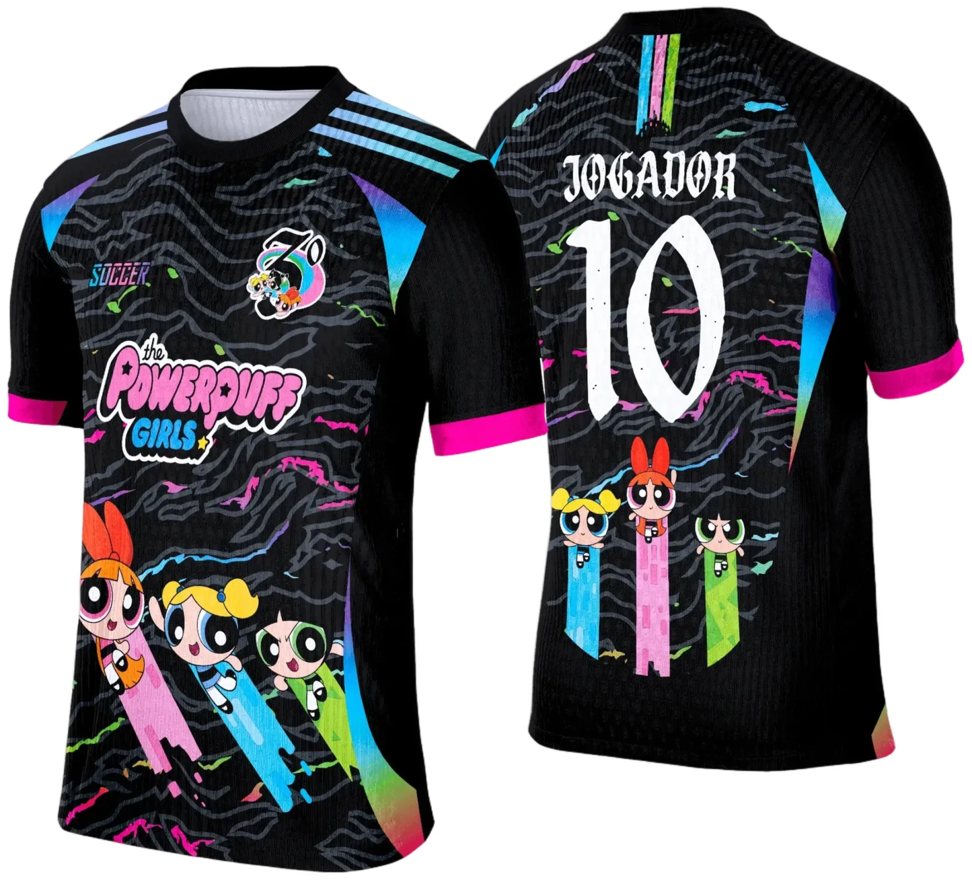 Camiseta unissex preta com logo no peito e estampa grande nas costas das Meninas Super Poderosas 2025, estilo jovem e divertido para eventos escolares e coleções temáticas.