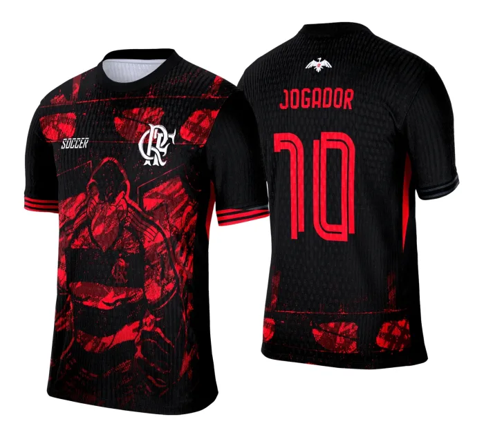 Camiseta unissex preta com logo no peito e estampa grande nas costas, tema Camisa de Interclasse Conceito Flamengo 2025, design moderno e atrativo para fãs e participantes.