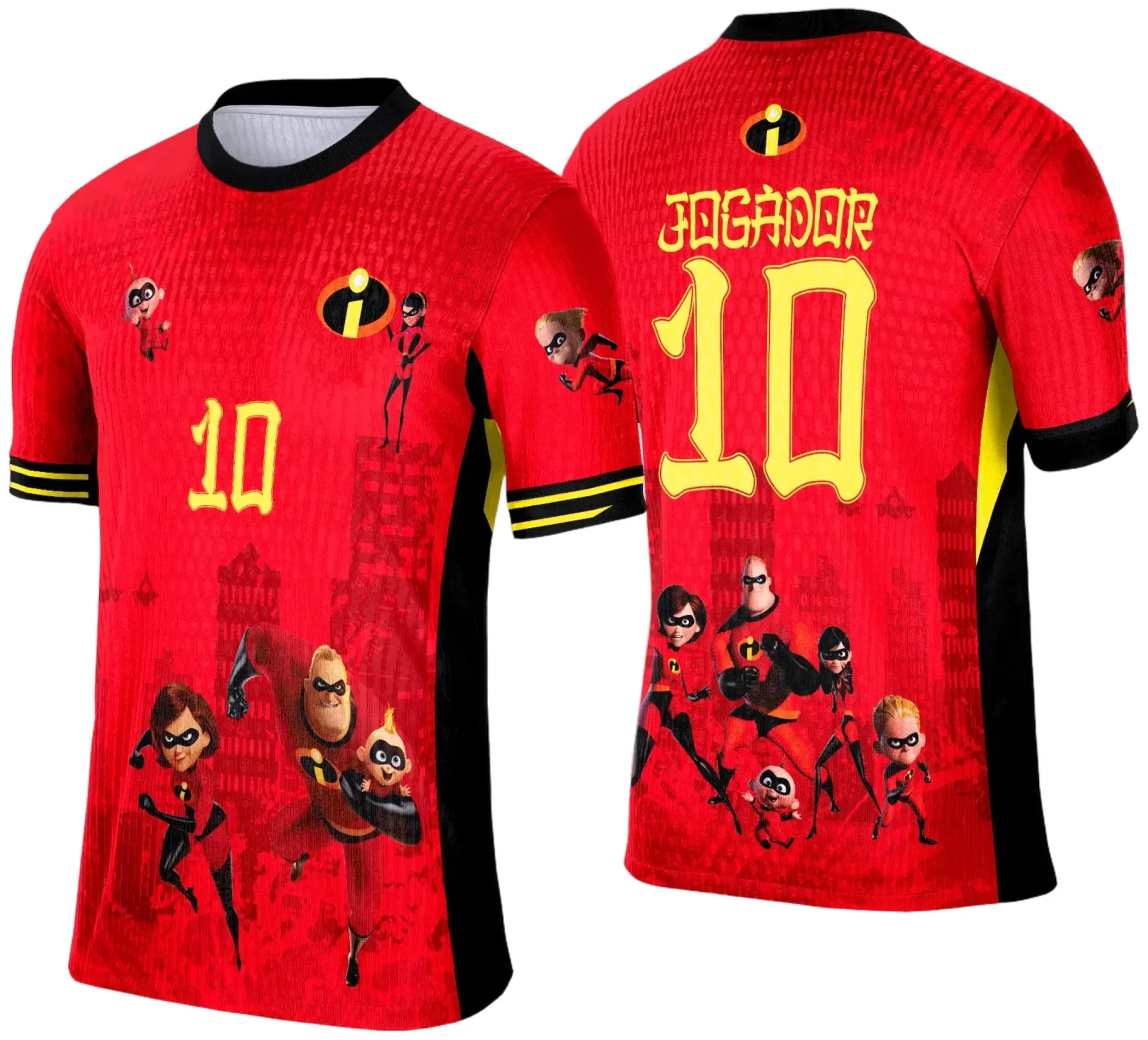 Camiseta unissex preta com logo no peito e estampa grande nas costas mostrando o tema Camisa de Interclasse Os Incríveis 2025, ideal para eventos e confraternizações.