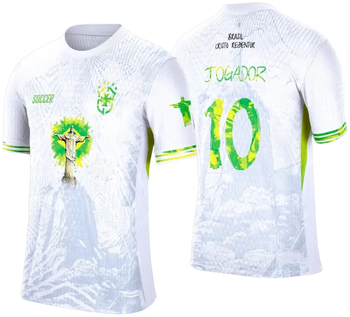 Camiseta unissex preta com logo no peito e estampa grande nas costas mostrando o Cristo Redentor e conceito Brasil 2025, perfeita para eventos interclasse e homenagens nacionais.