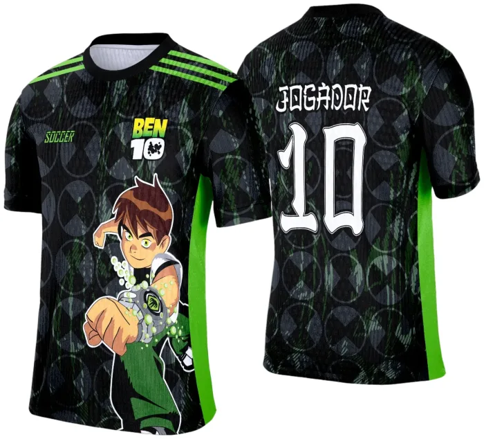 Camiseta unissex preta com logo no peito e estampa grande nas costas do tema Camisa de Interclasse Ben 10 2025, perfeita para fãs que buscam estilo e conforto.
