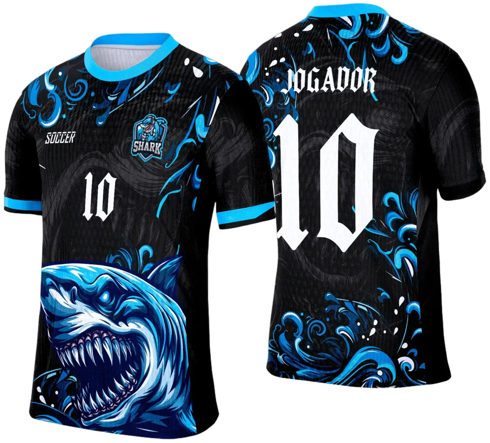 Camiseta unissex preta com logo no peito e estampa grande nas costas do Tubarão 2025 Interclasse, design moderno e estiloso para fãs do evento esportivo.