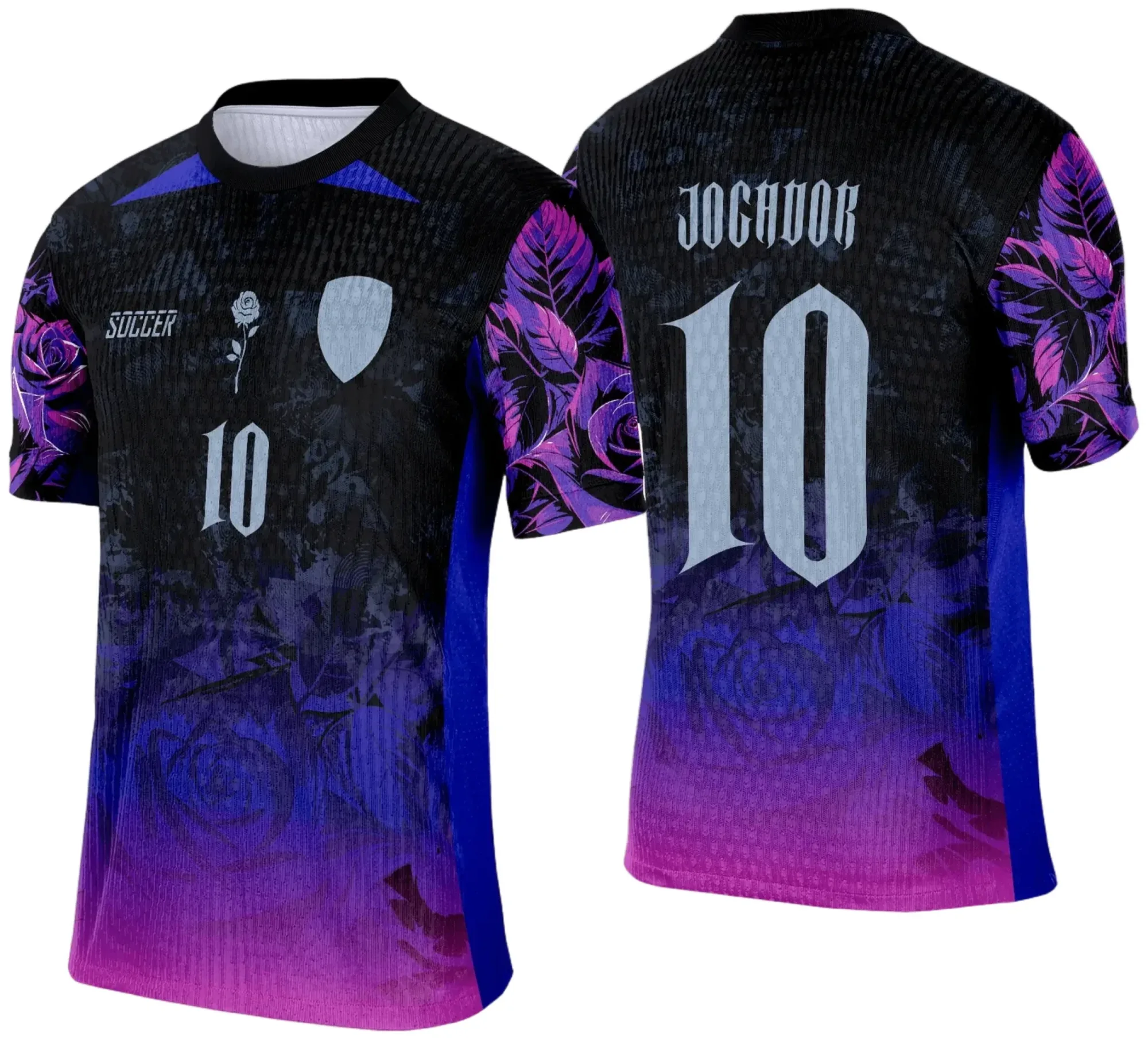 Camiseta unissex preta com logo no peito e estampa grande nas costas de design floral, representando o tema de Interclasse 2025, perfeita para eventos escolares e ocasiões especiais.