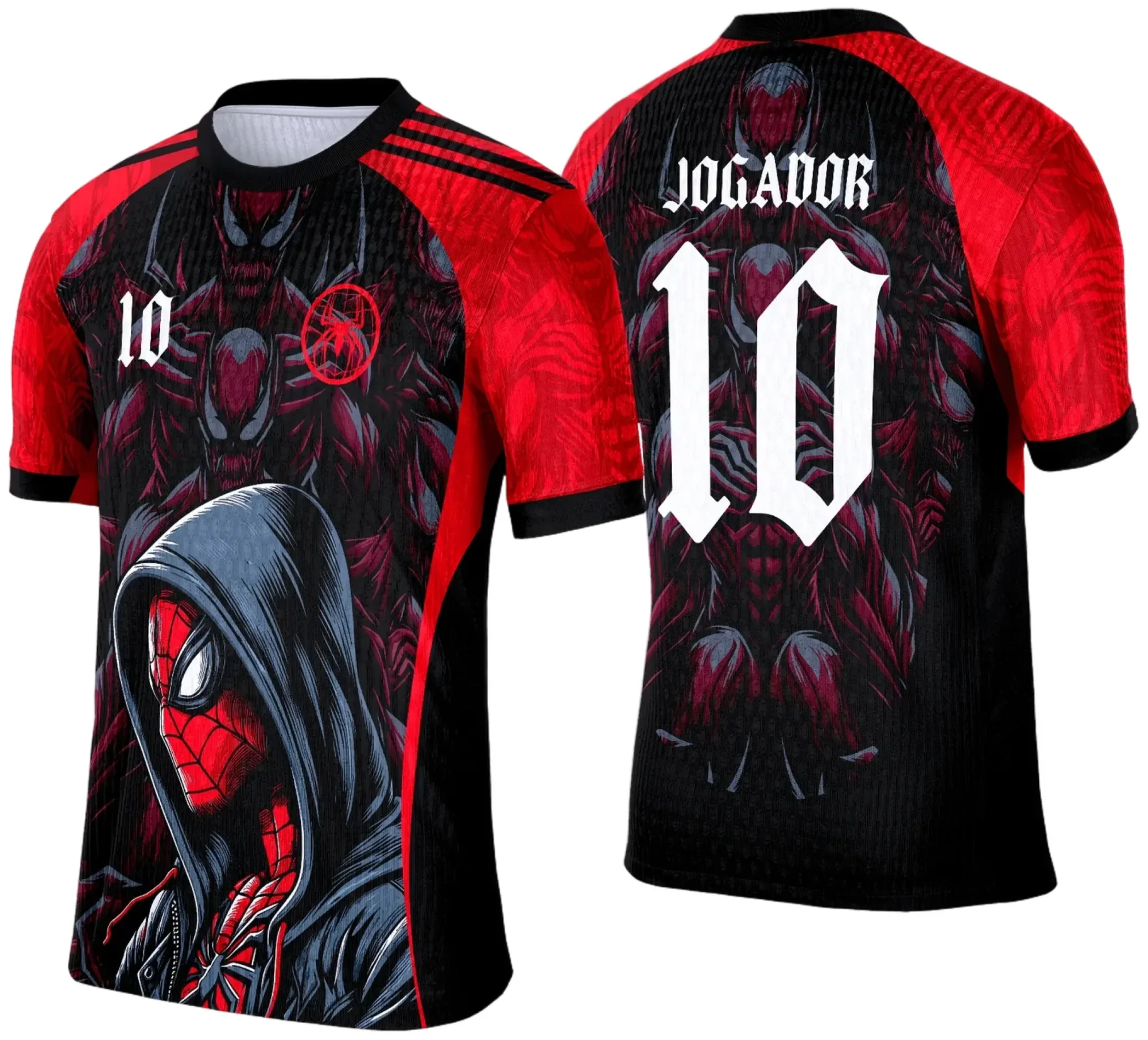 Camiseta unissex preta com logo no peito e estampa grande nas costas do Homem Aranha 2025, perfeita para eventos de interclasse e fãs do herói.