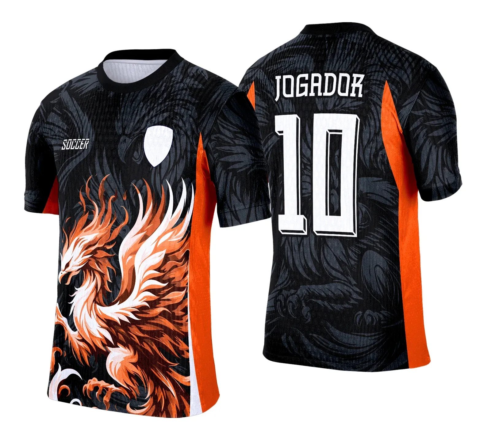 Camiseta unissex preta com logo no peito e estampa grande nas costas inspirada na Camisa de Interclasse Fênix 2025, design moderno e impactante para eventos escolares.