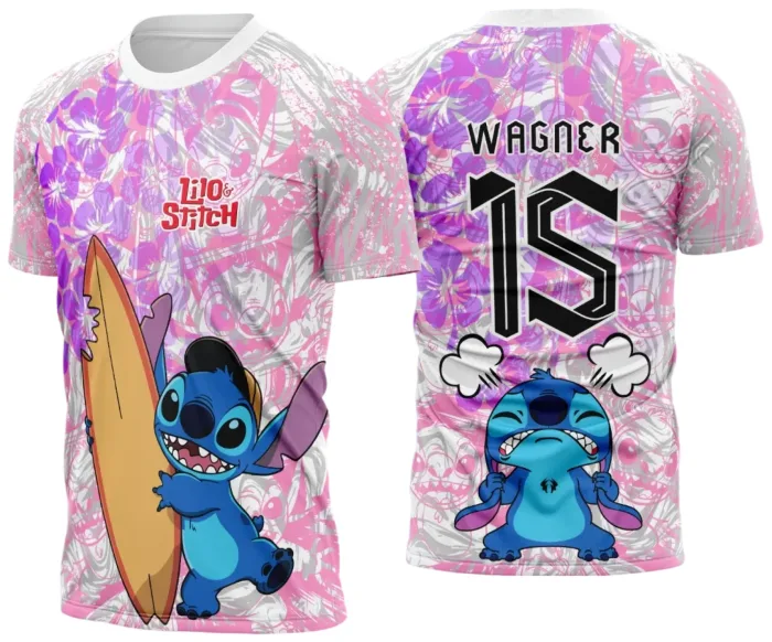 Camiseta unissex preta com logo no peito e estampa grande nas costas com tema Interclasse Stitch 2025, estilo moderno e despojado para eventos escolares e confraternizações.