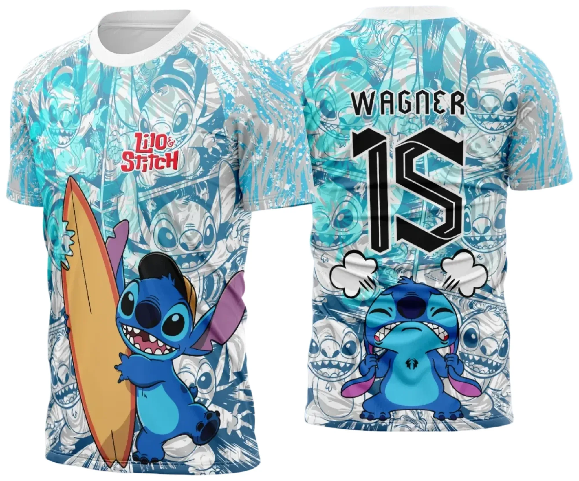 Camiseta preta unissex com logo no peito e estampa grande nas costas inspirada em Interclasse Stitch 2025 modelo 2, ideal para eventos e uso casual.
