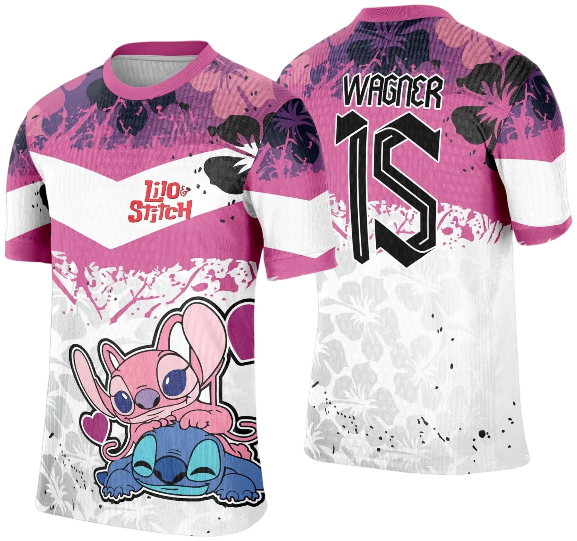 Camiseta preta unissex com logo no peito e estampa grande nas costas do tema Interclasse Stitch 2025 modelo 4, perfeita para eventos escolares e confraternizações.