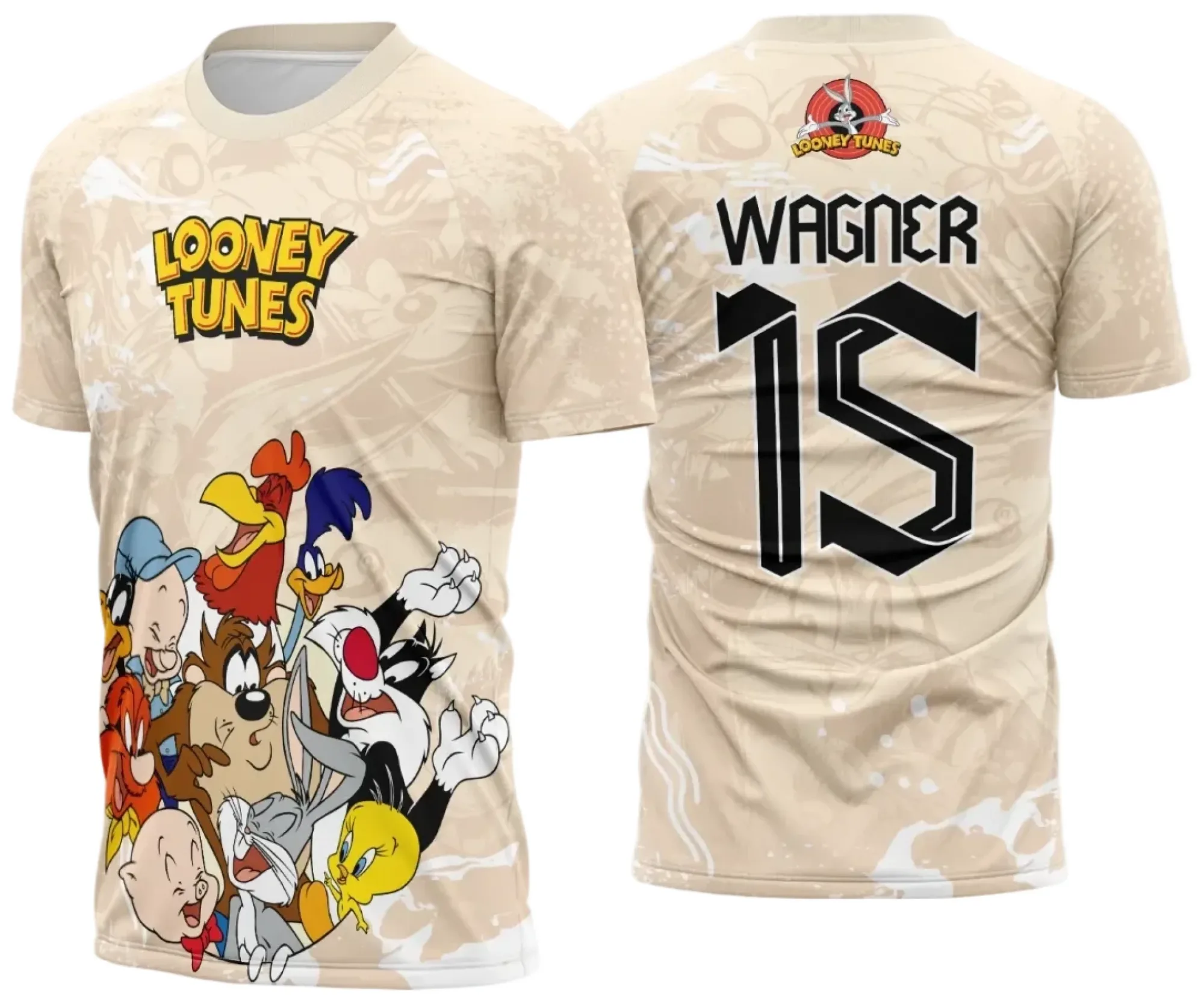Camiseta unissex preta com logo no peito e estampa grande nas costas com tema Interclasse Looney Tunes 2025 modelo 2, design moderno e vibrante, perfeita para eventos e uso casual.