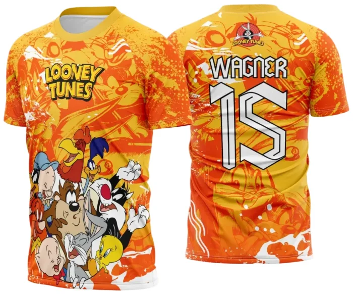 Camisa unissex preta com logo no peito e estampa grande nas costas, tema Interclasse Looney Tunes 2025 modelo 3, ideal para fãs e eventos escolares.