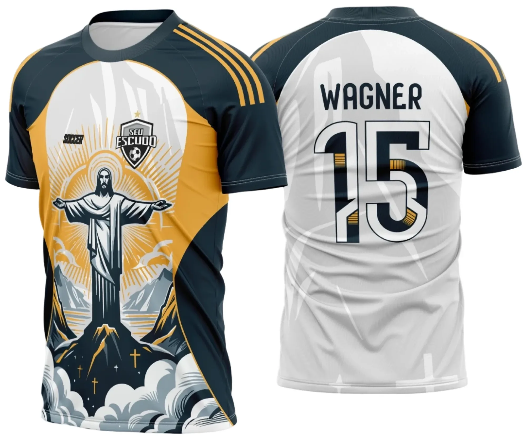 Camiseta unissex preta com logo no peito e estampa grande nas costas mostrando o Cristo Redentor, perfeita para eventos interclasse e temáticas brasileiras.