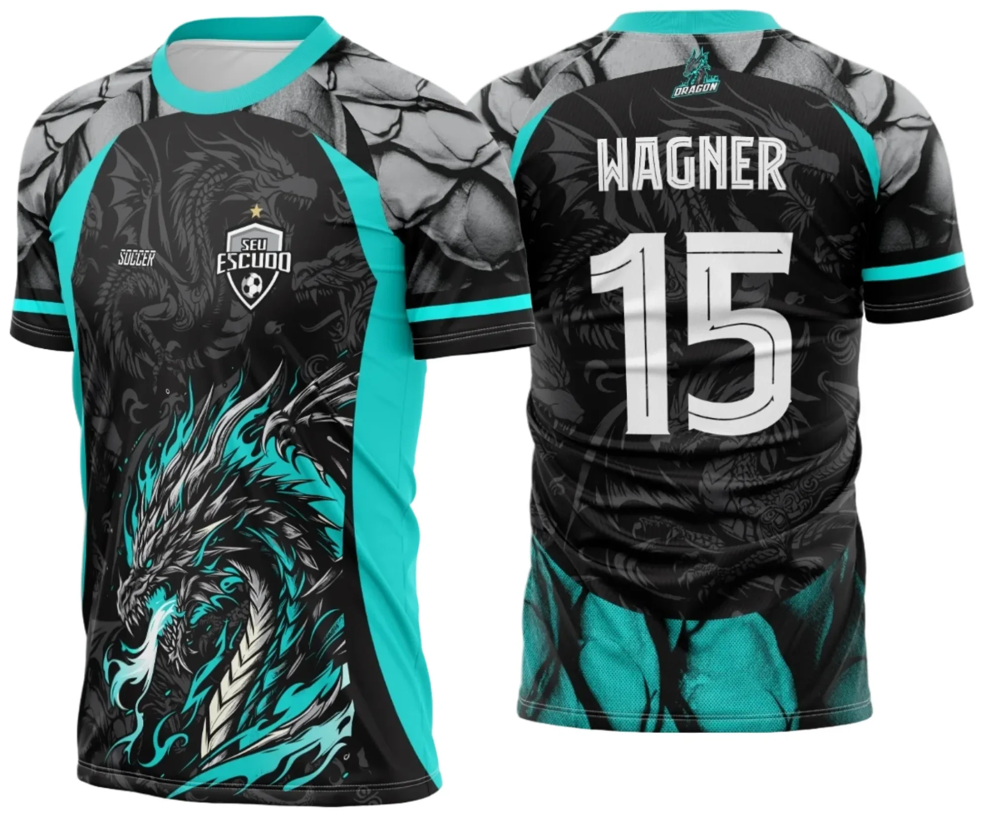 Camiseta unissex preta com logo no peito e estampa grande nas costas mostrando o poderoso Dragão Verde do Interclasse, design imponente e vibrante para fãs e times.