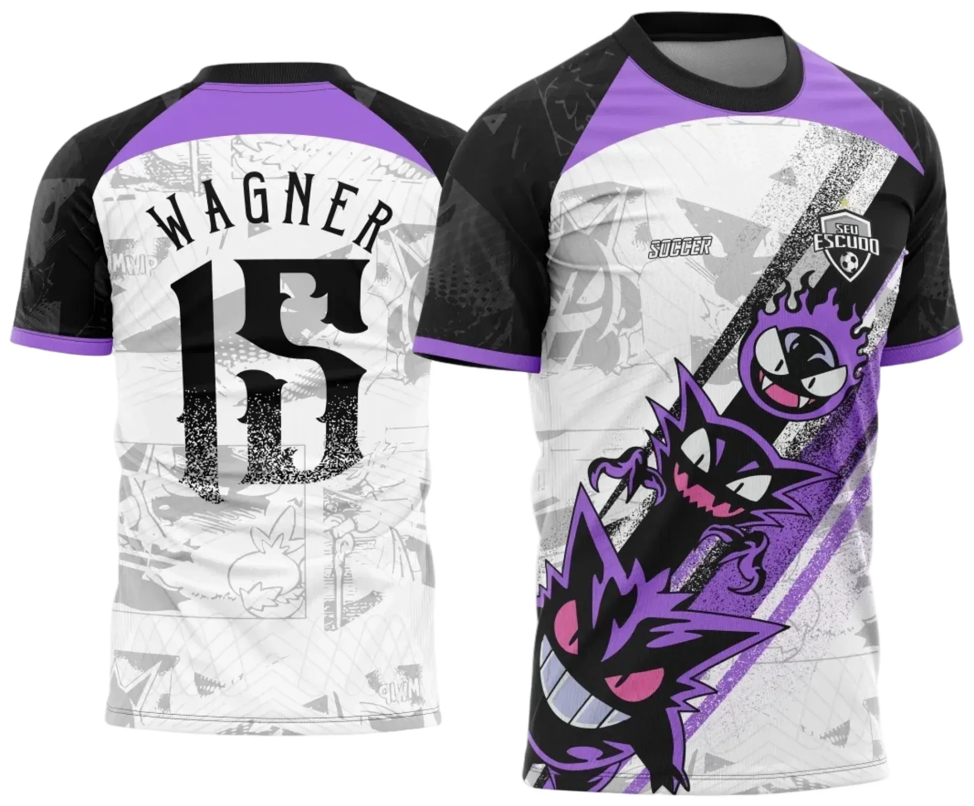 Camiseta unissex preta com logo no peito e estampa grande nas costas do personagem Gengar para participação no Interclasse 2025.