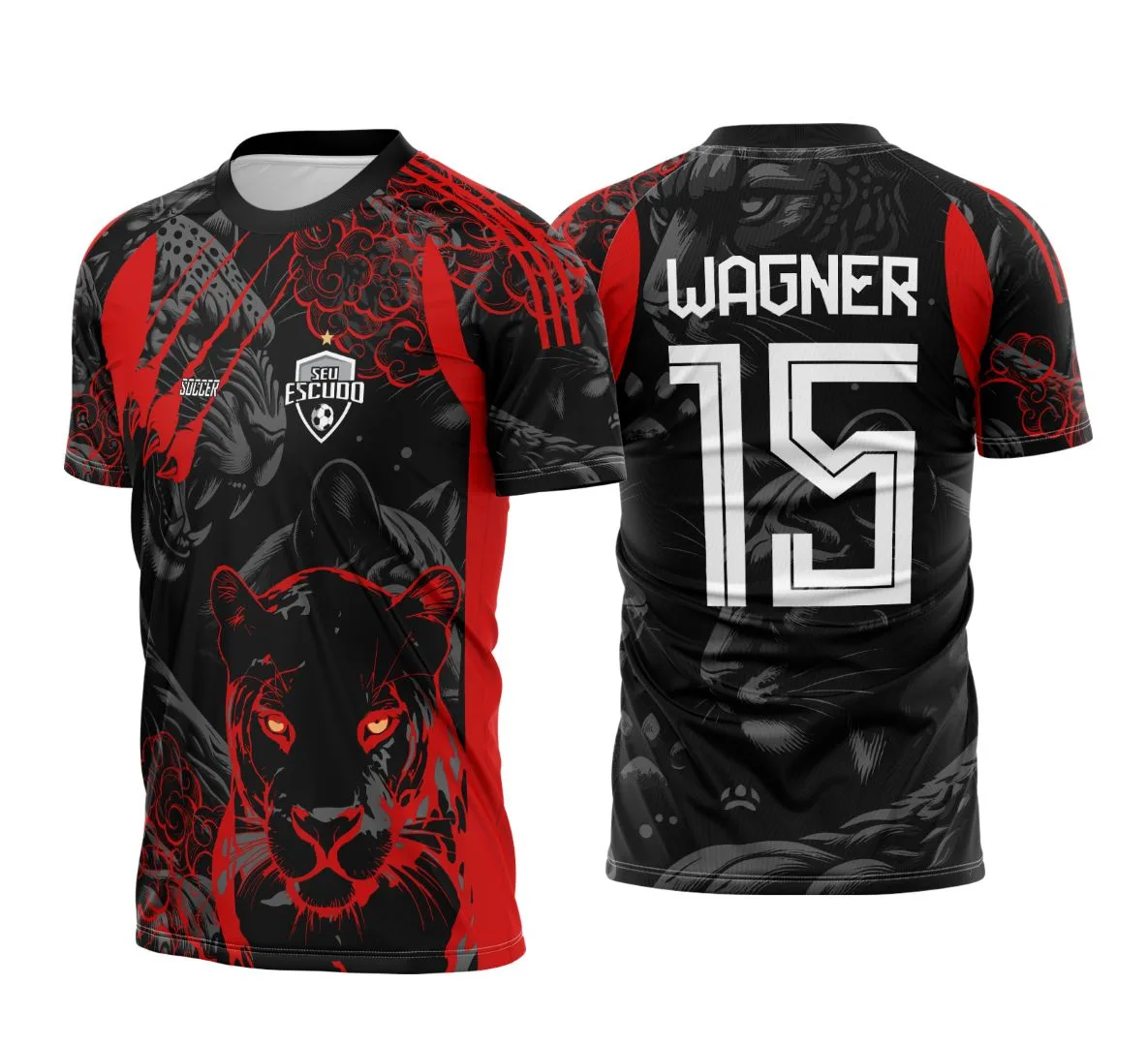 Foto de camiseta unissex preta com logo no peito e estampa grande nas costas mostrando o tema Pantera Nega Vermelha do Interclasse.