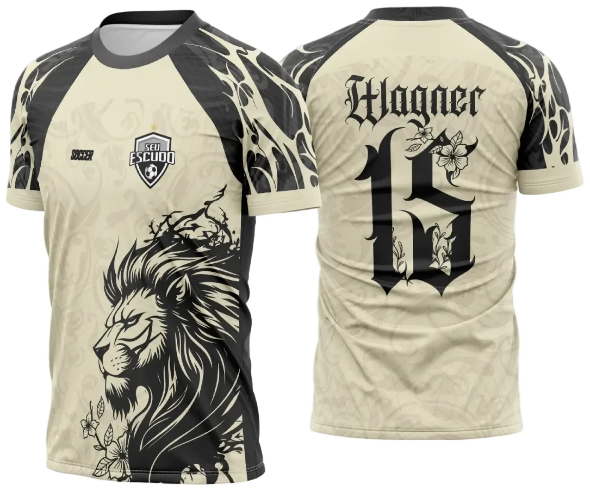 Camiseta unissex preta com logo no peito e estampa grande nas costas exibindo um leão imponente na selva, perfeita para quem quer estilo marcante e original.