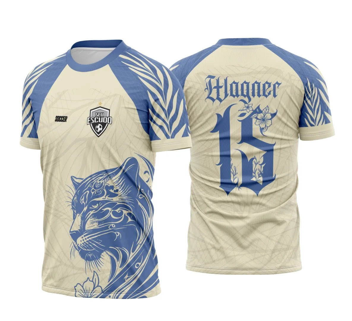 Camiseta unissex preta com logo no peito e estampa grande nas costas mostrando pantera na selva, ideal para eventos interclasse com estilo marcante e moderno.