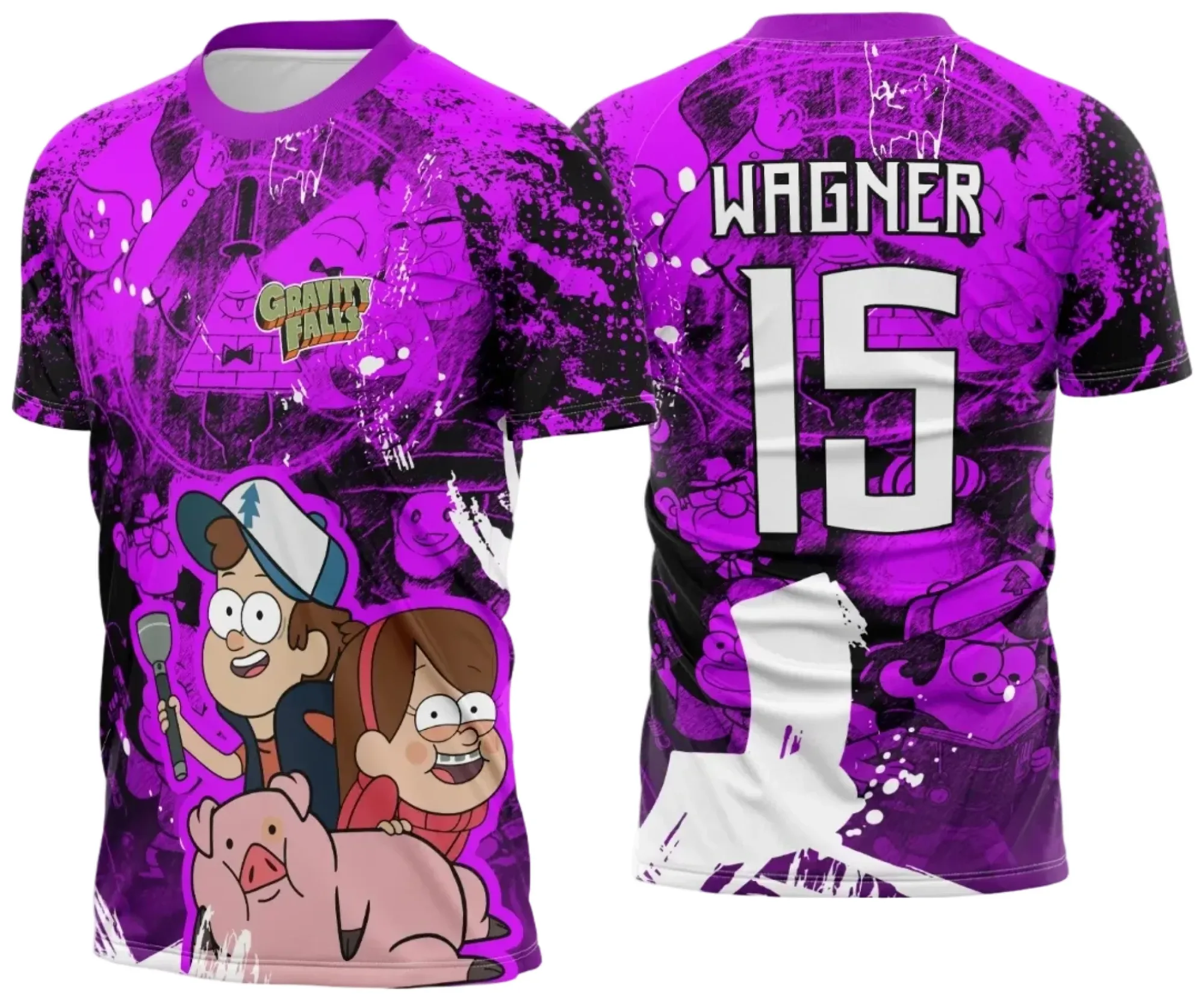 Camiseta unissex preta com logo no peito e estampa grande nas costas inspirada em Gravity Falls 2025, perfeita para fãs e eventos interclasses.