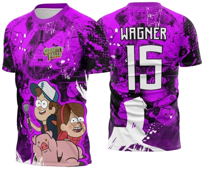 Camiseta unissex preta com logo no peito e estampa grande nas costas inspirada em Gravity Falls 2025, perfeita para fãs e eventos interclasses.