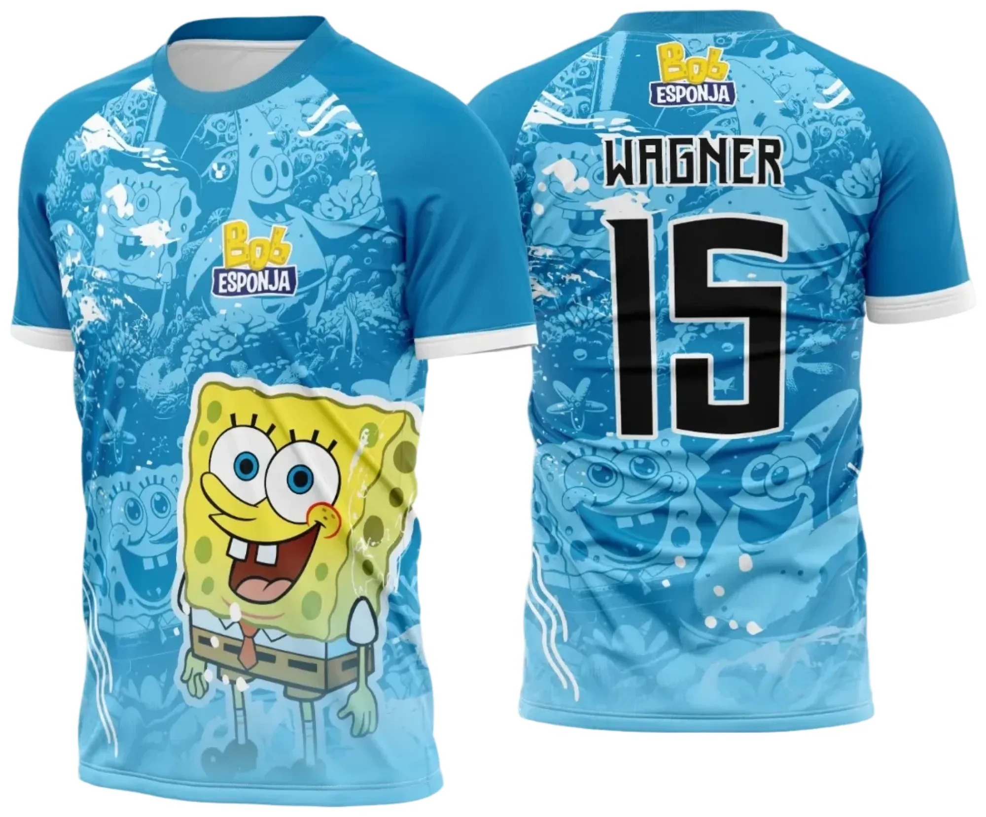 Camiseta unissex branca com logo no peito e estampa grande nas costas com tema Interclasse Bob Esponja 2025, ideal para eventos e uso casual.